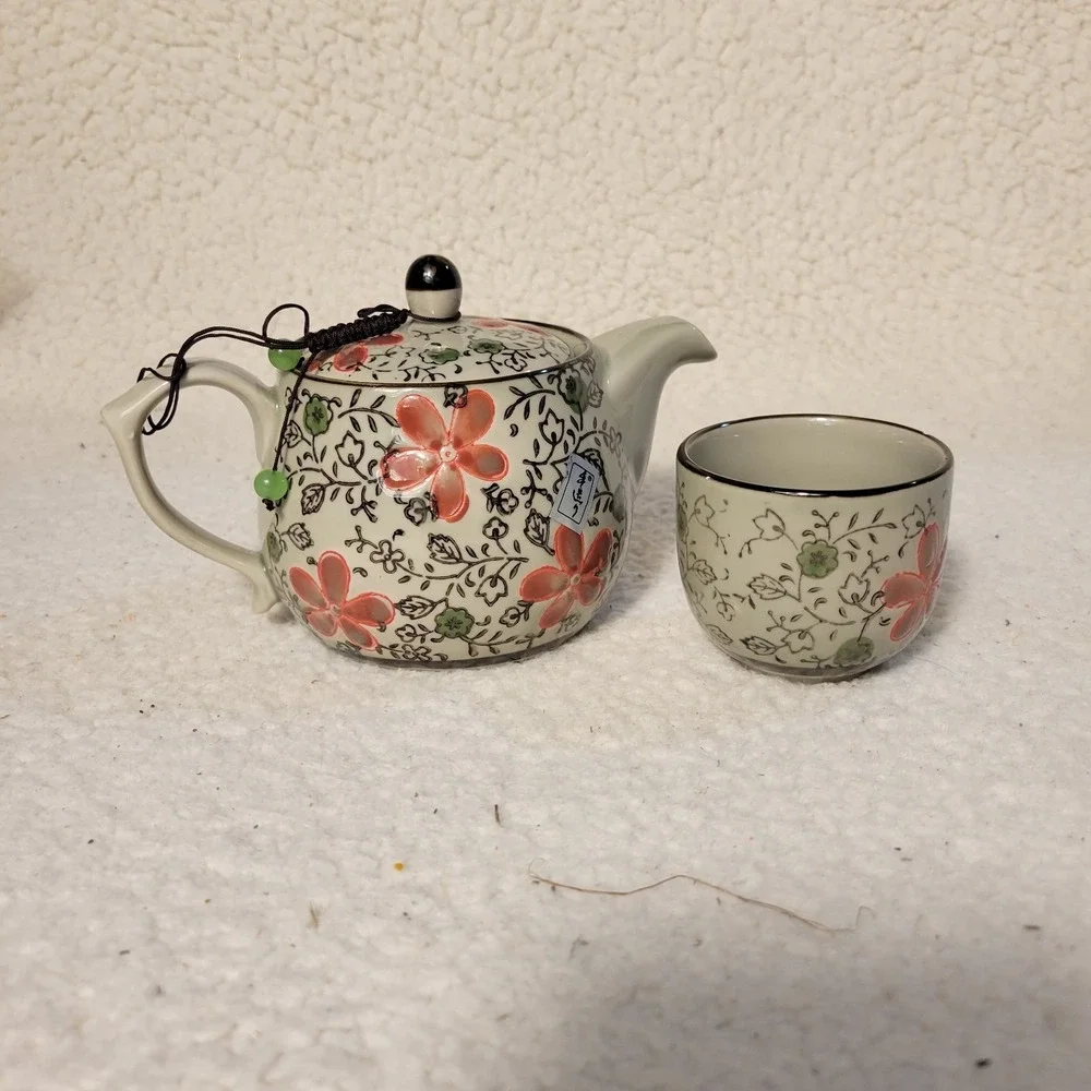 Chinese Teapot With Strainer And 1 Tea Cups, See Photos.. Chip‎ On Cup